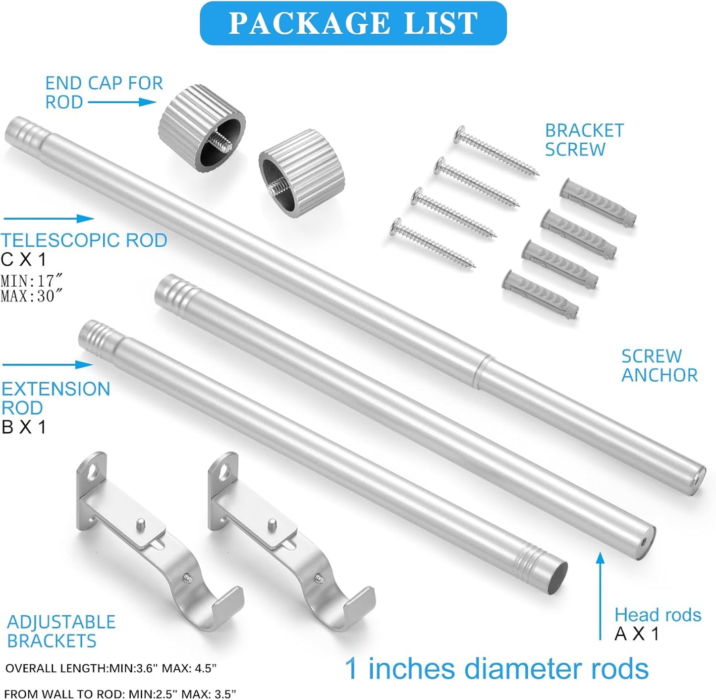 Regine Switzerland Curtain Rods - 1 Inch Diameter Drapery Rod with Cylindrical Finials | Silver, 16" to 48"