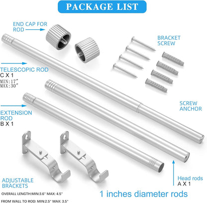 Regine Switzerland Curtain Rods - 1 Inch Diameter Drapery Rod with Cylindrical Finials | Silver, 16" to 48"