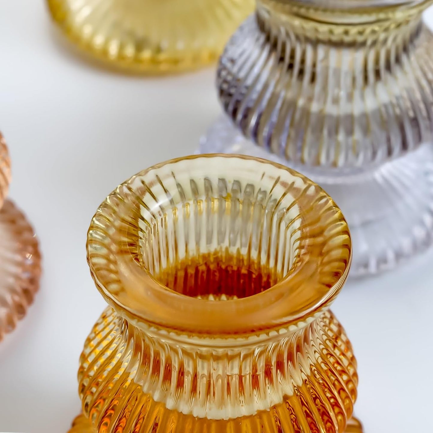 WDHODEC Orange Candlestick Holders - 12PCS Colorful Gradient Glass Taper Holders for Weddings & Parties