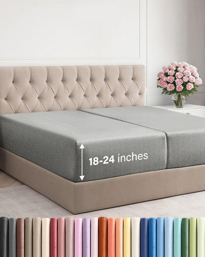 Extra Deep Split King Fitted Sheet - Hotel Luxury Single Fitted Sheet Only - Easily Fits 18 to 24 inch Mattress - Ultra Soft, Wrinkle Free w/Extra Deep Pockets - Breathable & Comfy - Heathered Grey