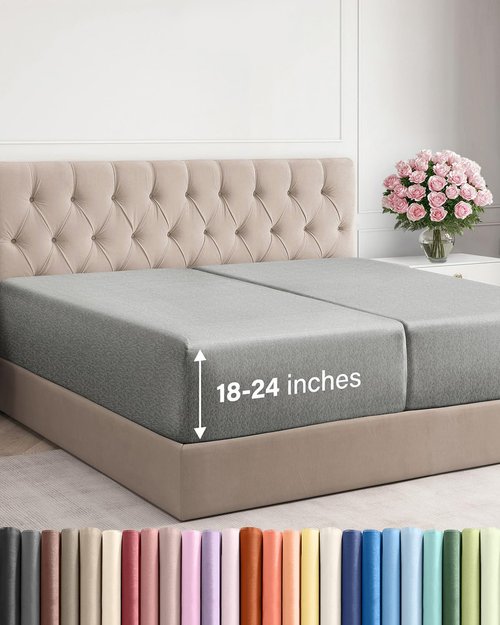 Extra Deep Split King Fitted Sheet - Hotel Luxury Single Fitted Sheet Only - Easily Fits 18 to 24 inch Mattress - Ultra Soft, Wrinkle Free w/Extra Deep Pockets - Breathable & Comfy - Heathered Grey