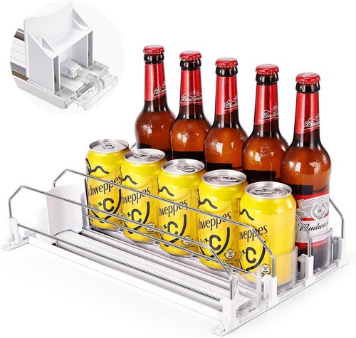 Drink Organizer - Self-Sliding Soda Can Holder for Fridge | Adjustable Width, Holds 15+ Cans (3 Rows, 38 CM)