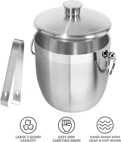 OGGI Double Wall Stainless Steel Ice Bucket - Insulated Ice Bucket with Elegant Steel Lid, Classic Handles & Stainless Steel Ice Tongs - Great for Home Bar, Chilling Beer, Champagne and Wine - 3 qt