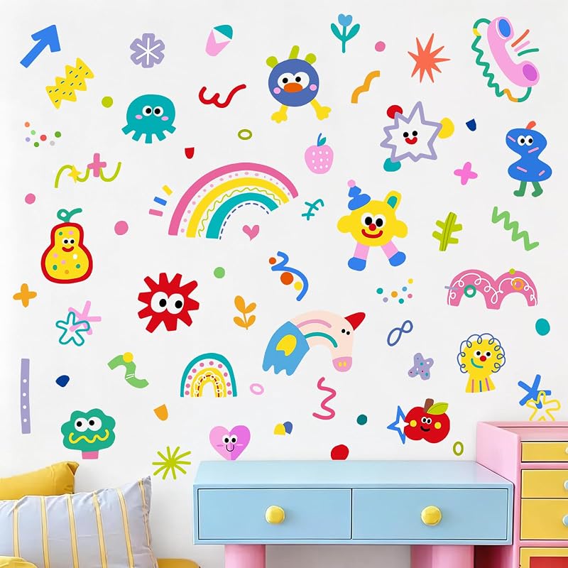 Tanlaby Abstract Shape Wall Decals – Rainbow Fruit Geometric Vinyl Stickers (9 Sheets 7.8x11.8 in)