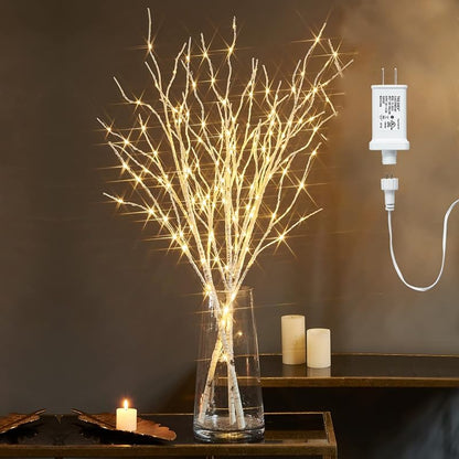 Fudios 150 LED Lighted Branches with Timer, 32in Plug-In Birch Twigs for Vase - 3 Branches
