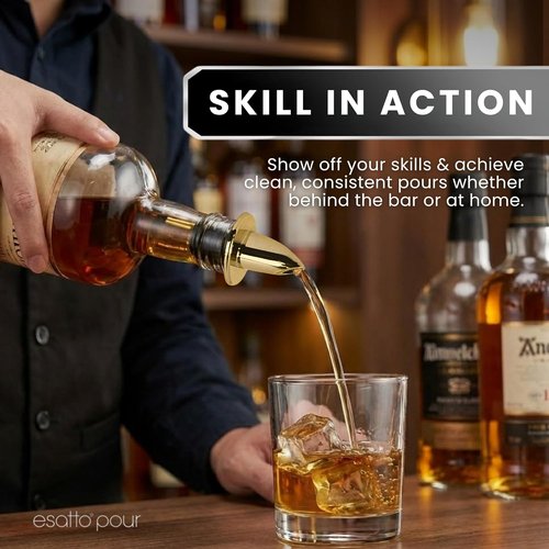 ESATTO 12 Pack Classic Bottle Pourers, Liquor Pourers for Alcohol, Olive Oil, Bartender Accessories Includes 4 Liquor Pourer Adapters for Large Neck Bottles such as Patron Don Julio Tequila (Gold)
