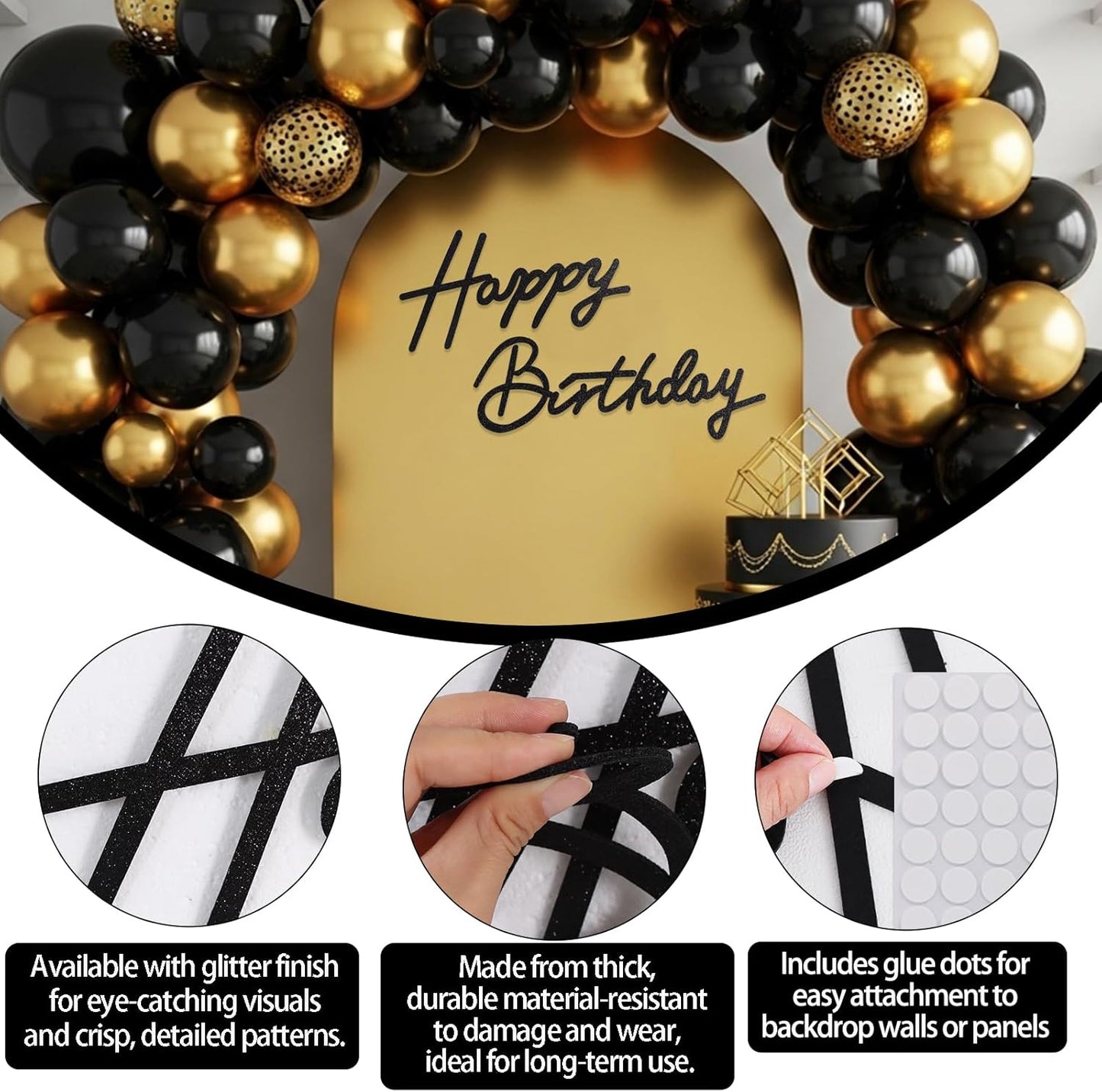 TONIFUL Happy Birthday Sign - Glitter Black Felt Banner for Stunning Party Backdrops | Includes Dot Glue