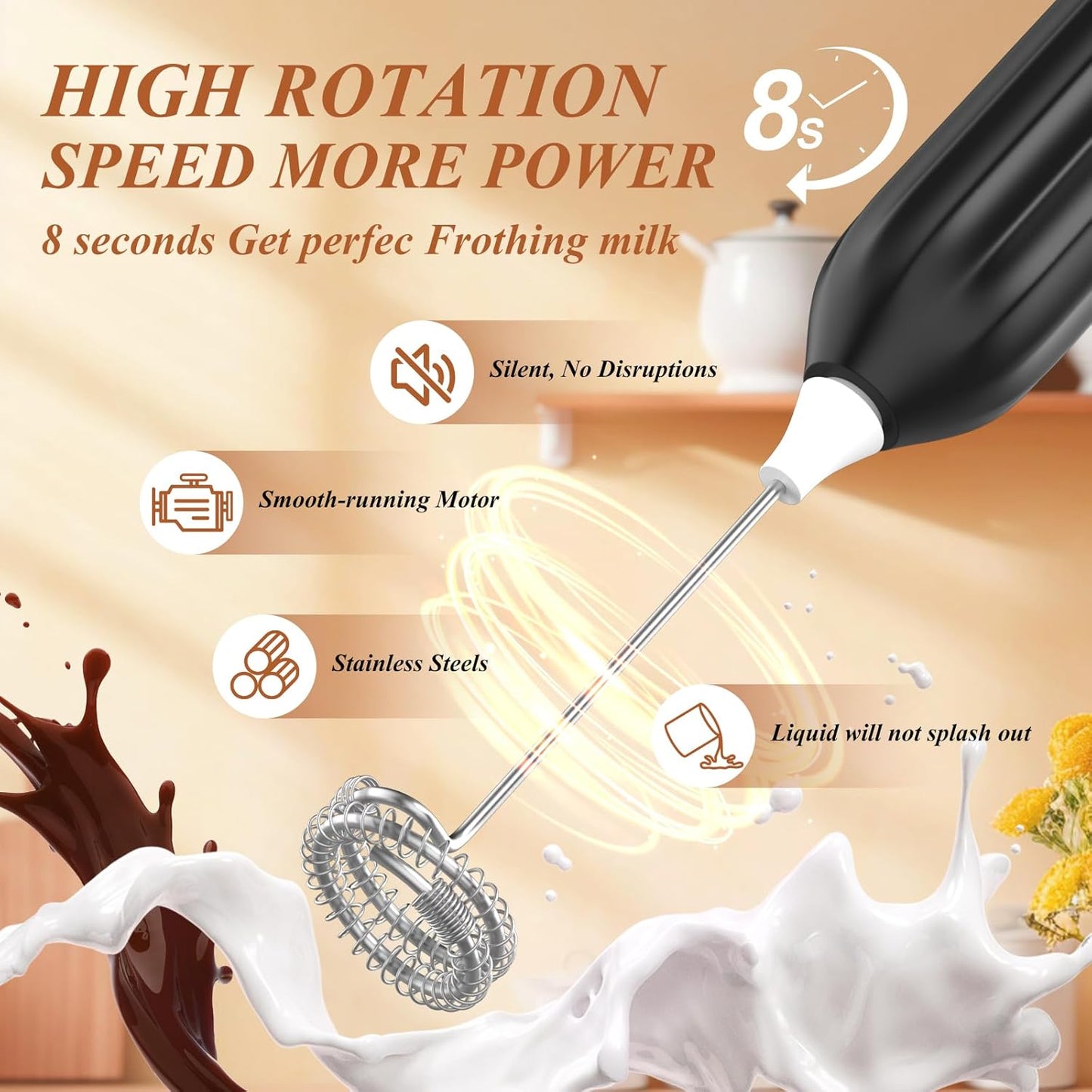 Milk Frother Powerful Handheld Rechargeable With 2 Stainless Heads 3 Speeds, Frother Wand Drink Mixer,Electric Whisk Foam Maker for Coffee,Lattes,Cappuccino,Hot Chocolate,Matcha, Egg- Black