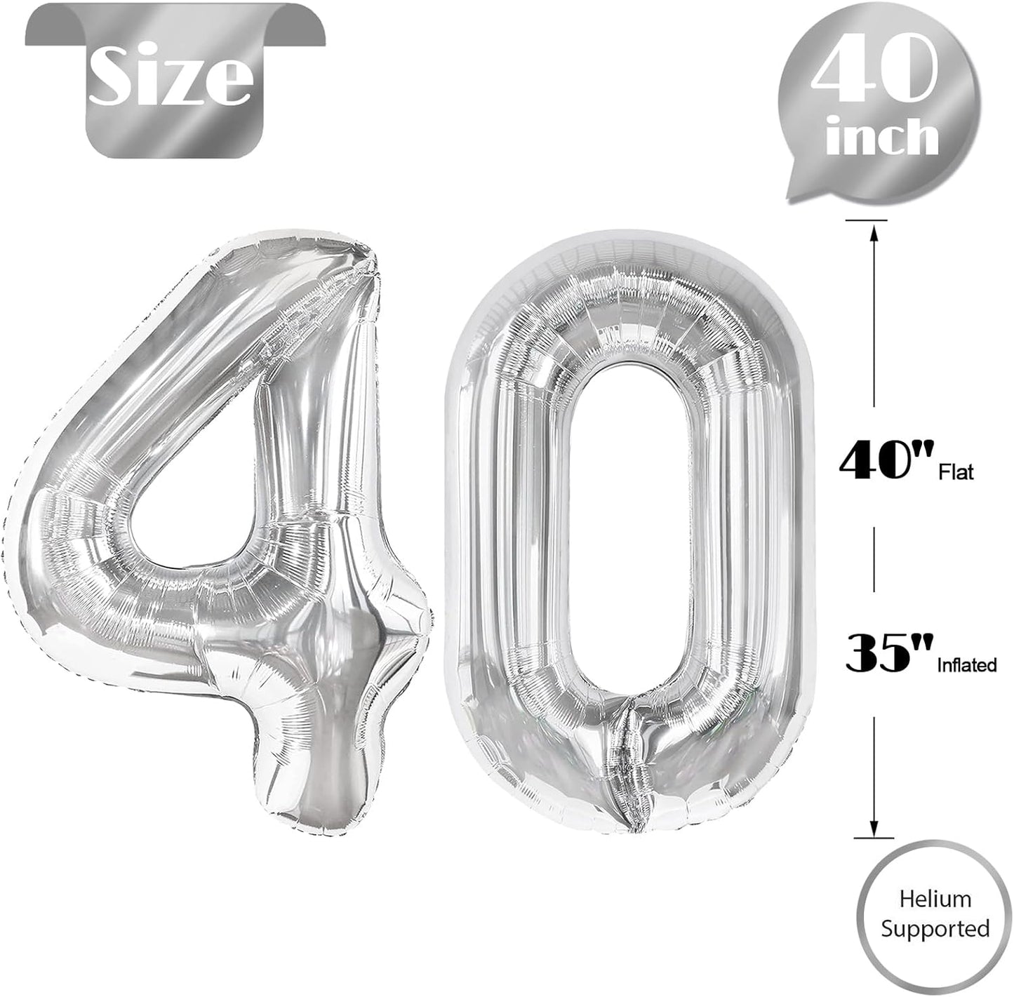 Silver Number 40 Balloon - 40 Inch Giant Foil Balloon for 40th Birthday Party Decorations