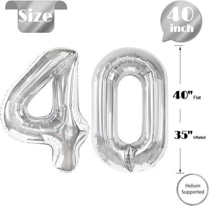 Silver Number 40 Balloon - 40 Inch Giant Foil Balloon for 40th Birthday Party Decorations