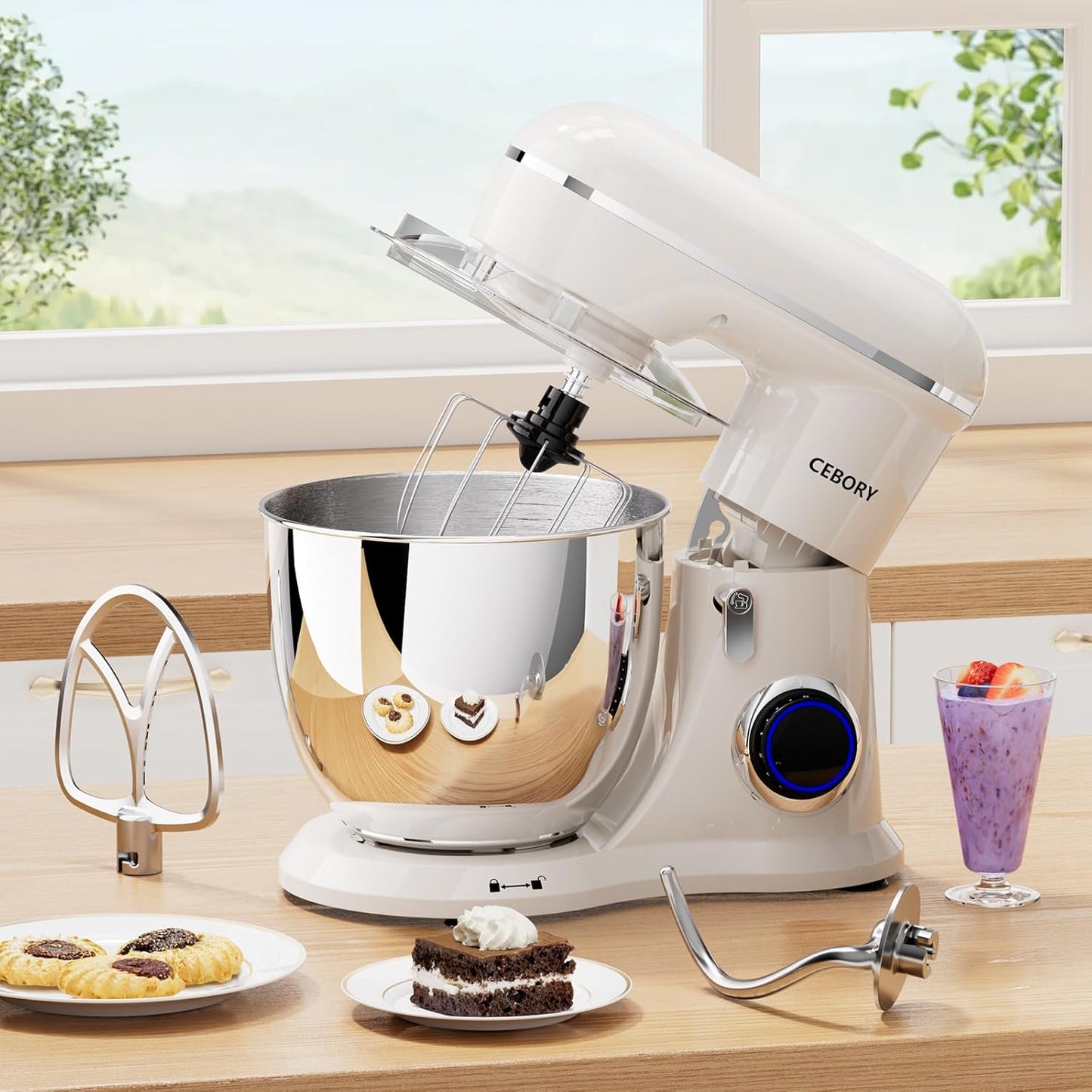 Skiennix 3-IN-1 Electric Stand Mixer - 6.5QT Bowl, 660W, 10-Speed for Baking & Cooking - Almond Cream