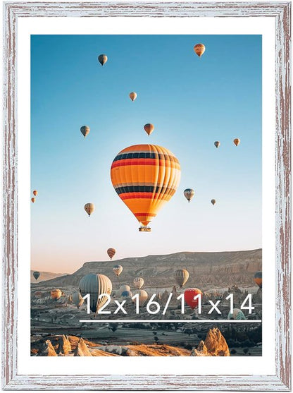 JCJMY Rustic White Picture Frame - 12x16 with 11x14 Mat for Wall Display | Durable Plexiglass