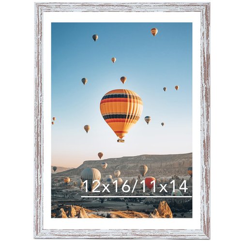 JCJMY 12x16 Picture Frame Rustic White with 11x14 Mat, Display Photo 11x14 with Mat or 12 x 16 Without Mat, Wall Hanging Large Frame with Plexiglass, Rustic White