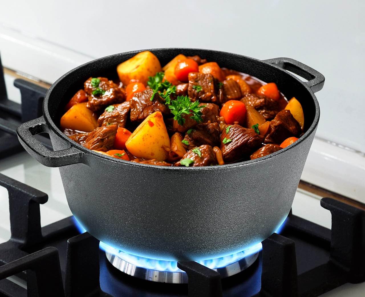 TLGREEN Cast Iron Dutch Oven Pot with Lid,Cast Iron Pot (5.1QT) and Cast Iron Lid as a Skillet(1.9QT) - Dutch Oven Cast Iron with Silicone Holders, Iron Stand, for Oven, Stove, Grill，Campfire