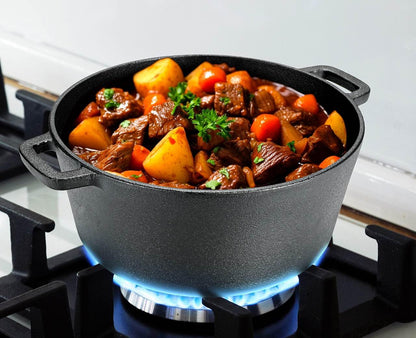 TLGREEN Cast Iron Dutch Oven Pot with Lid,Cast Iron Pot (5.1QT) and Cast Iron Lid as a Skillet(1.9QT) - Dutch Oven Cast Iron with Silicone Holders, Iron Stand, for Oven, Stove, Grill，Campfire