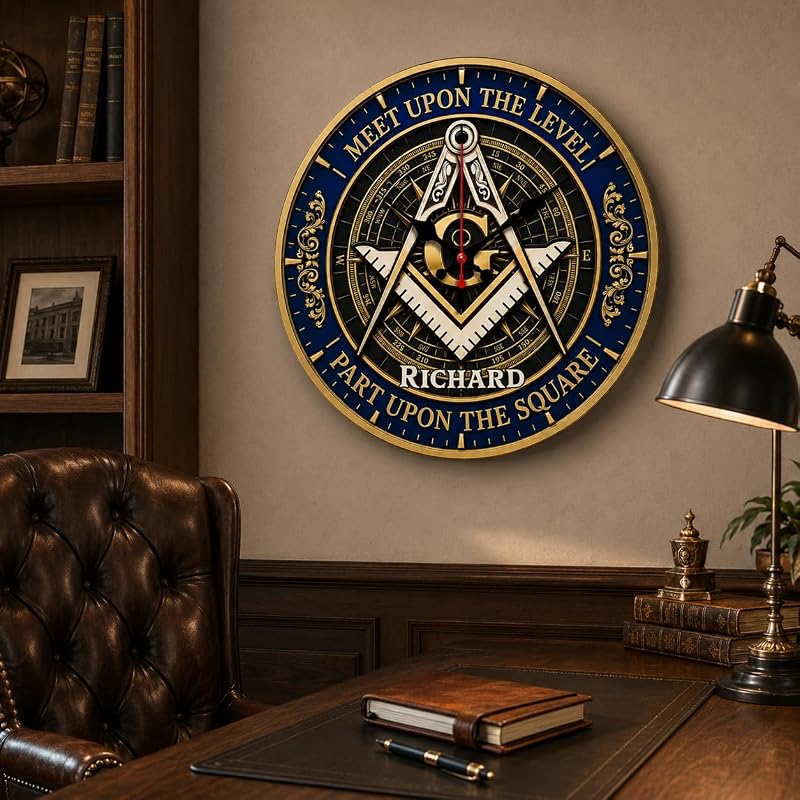 Personalized Masonic Wall Clock - Meet Upon The Level, Custom Name