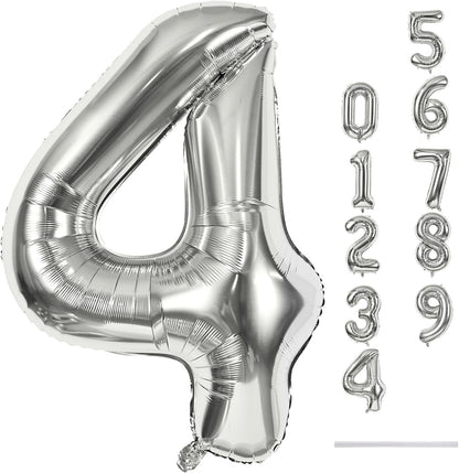 Silver Number 4 Balloons - 40-Inch Large Foil Helium Balloon for Birthday Celebrations | Self-Inflating Design
