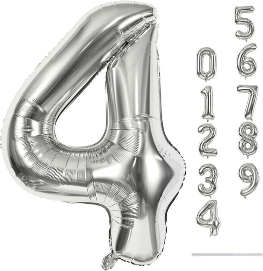 Silver Number 4 Balloons - 40-Inch Large Foil Helium Balloon for Birthday Celebrations | Self-Inflating Design