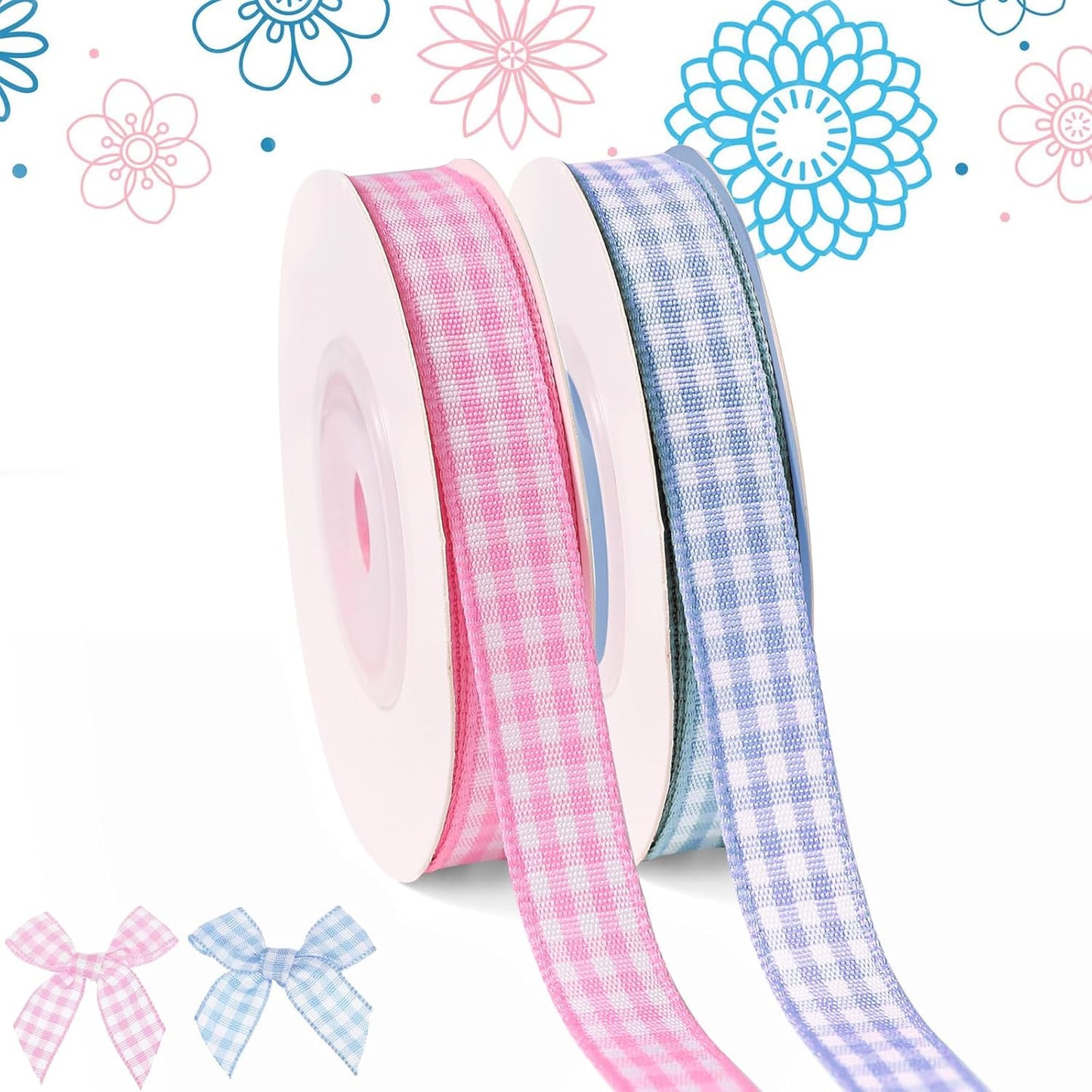 Skiennix Gingham Ribbon - Thin Checkered Polyester for Gift Wrapping & Crafts | Pink/Blue, 10 Yds x 3/8 in