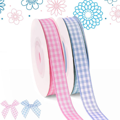 Skiennix Gingham Ribbon - Thin Checkered Polyester for Gift Wrapping & Crafts | Pink/Blue, 10 Yds x 3/8 in