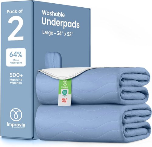 IMPROVIA® Washable Underpads - Heavy Absorbency Reusable Incontinence Pads for Kids & Adults | Waterproof Protection (Blue, 34"x52", Pack of 2)