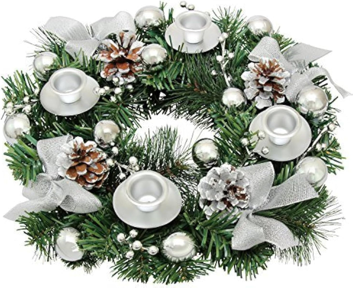 Silver Ribbon Advent Wreath - Elegant Christmas Centerpiece Décor with Candle Holder & Candles