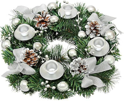 Silver Ribbon Advent Wreath - Elegant Christmas Centerpiece Décor with Candle Holder & Candles
