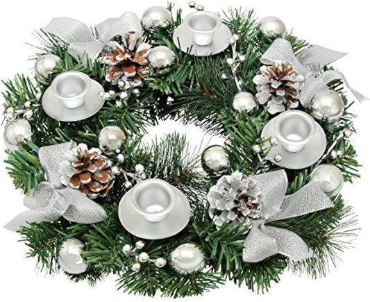 Silver Ribbon Advent Wreath - Elegant Christmas Centerpiece Décor with Candle Holder & Candles