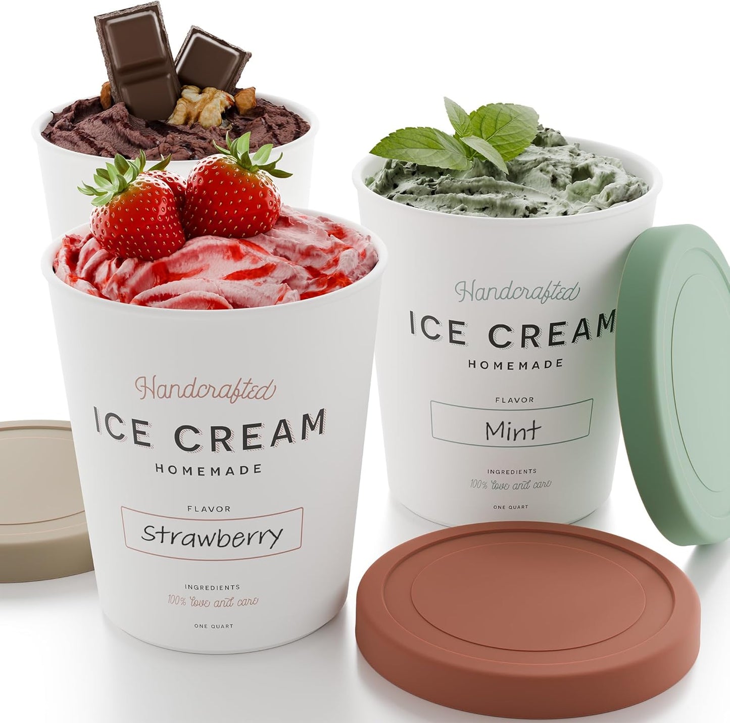 ZICOTO Reusable Ice Cream Containers Set - 3 Stackable 1-Quart Storage for Sorbet, Yogurt & Gelato