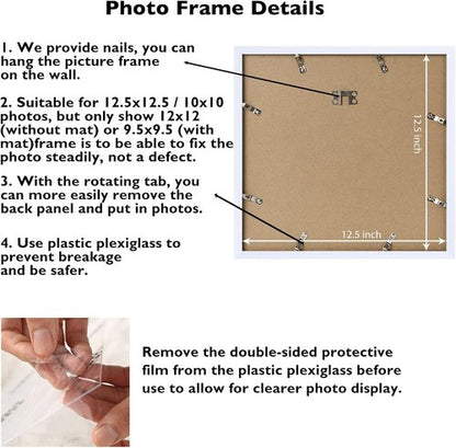 JCJMY 12.5x12.5 Picture Frame - White Vinyl Record Album Cover Display with 10x10 Mat & Plexiglass