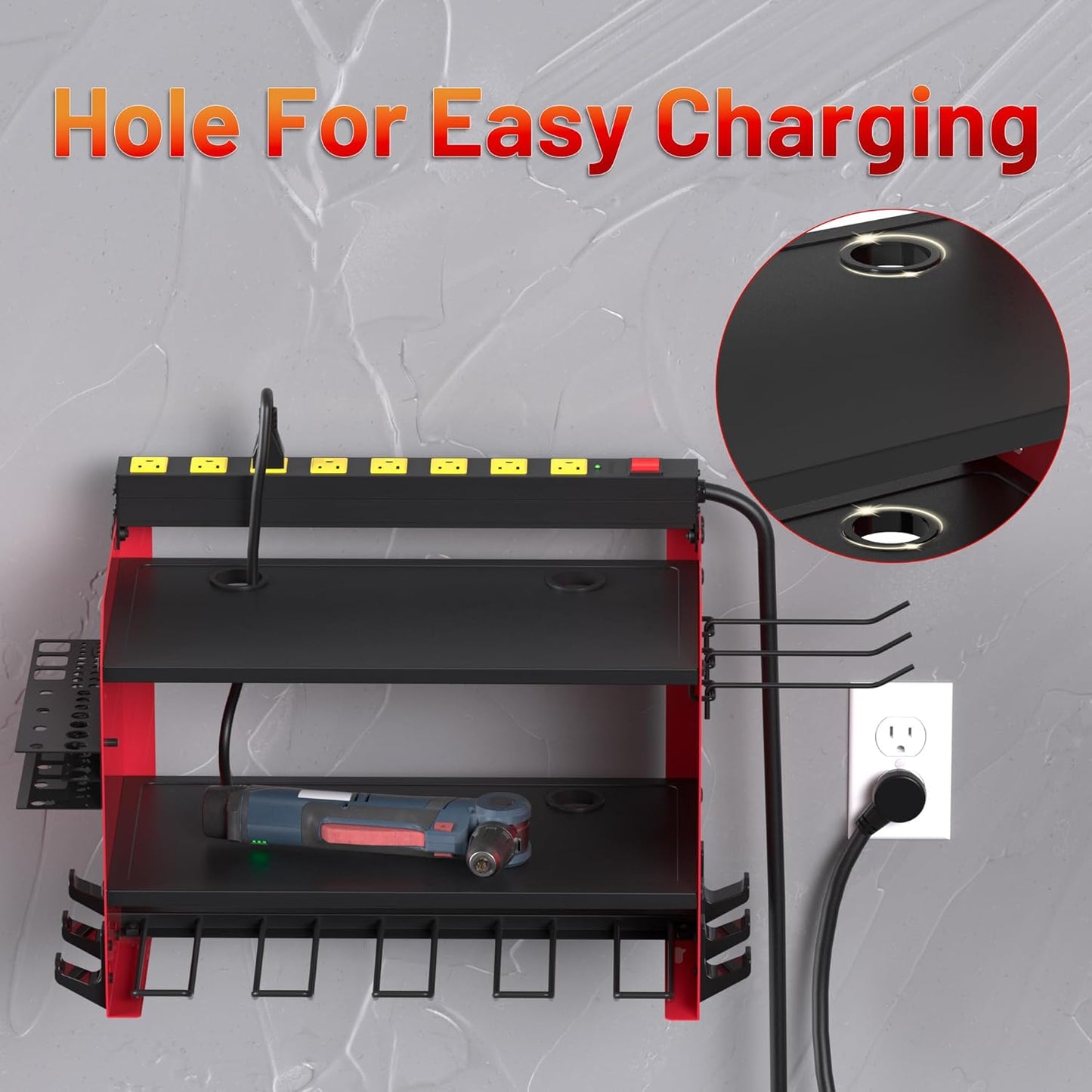Power Tool Organizer by [Brand Name] - Wall Mount with Charging Station & 8 Outlet Power Strip | Heavy-Duty 3-Layer Tool Rack