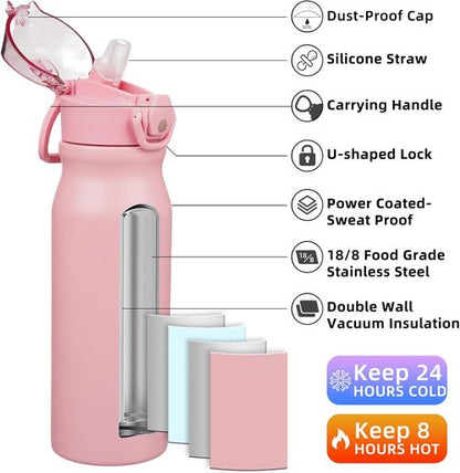 BJPKPK Insulated Water Bottle - 25oz Reusable Stainless Steel Flask with Straw & Leak-Proof Lid | Light Pink