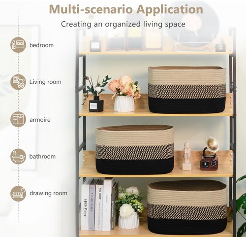 ECDYQXVU Cotton Rope Storage Basket - Woven Organizer for Shelves, Clothes & Towels | 15x10x9 Inches, Gradient Black/Brown