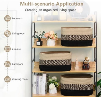 ECDYQXVU Cotton Rope Storage Basket - Woven Organizer for Shelves, Clothes & Towels | 15x10x9 Inches, Gradient Black/Brown