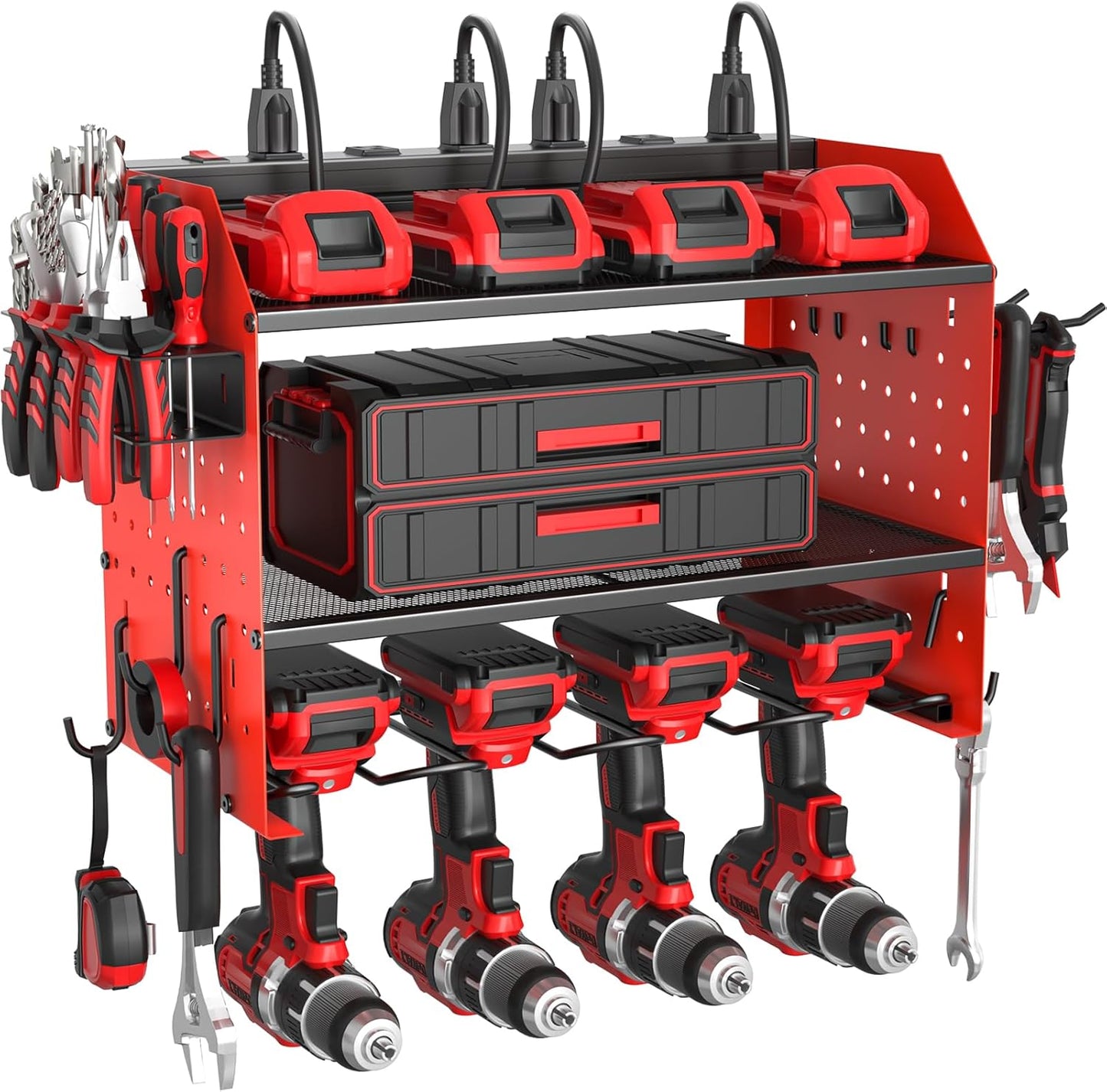 ZESEN Power Tool Organizer - Heavy-Duty 3-Layer Wall Mount Shelf with Charging Station & Hooks | Red