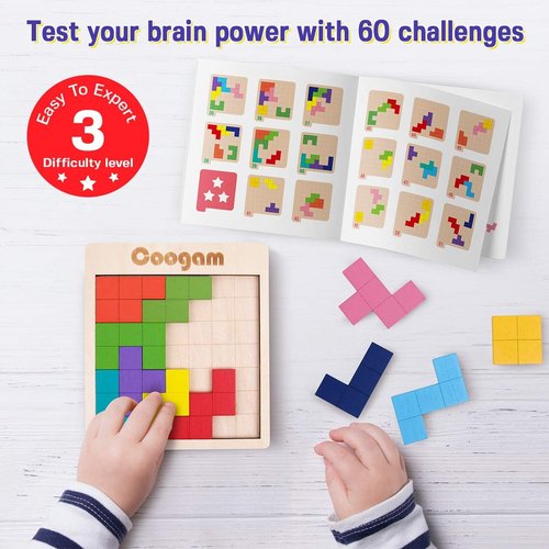 Coogam Wooden Puzzle Blocks - 3D Brain Teasers & Tangram Shapes | 60 Challenges for Kids & Adults