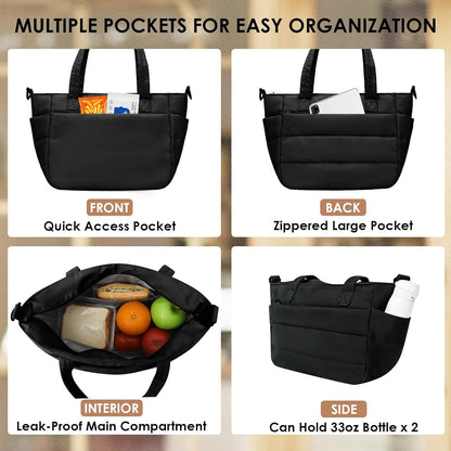 Wdmiya Insulated Lunch Bag - Lightweight Quilted Tote with Lunch Compartment & Cup Holder | Black