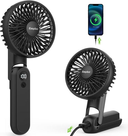 EasyAcc Portable Handheld Fan - Ultra Quiet 4000mAh Rechargeable Travel Fan | 5 Speed, Black