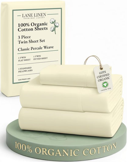 LANE LINEN 100% Organic Cotton Twin Bed Sheet Set, Soft, Comfy & Breathable Hotel Style Percale Bedding Sheets & Pillowcases Set, Mercerized Cotton Fully Elasticized Sheets Twin- Vanilla