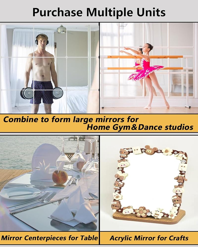 Unbreakable Mirror Tiles 8 Pack 12x12 inch Peel & Stick Wall Mirrors for Kids Room
