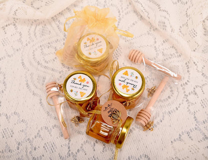 Small Honey Jar, Mini Honey Jars with Dipper, Glass Honey Pot Baby Shower Favors, Party Favors & Wedding Favors, Hexagon Honey Container w/ Lid, Bee Charms, Fabric Ribbons and Bags, 60 Pack 1.5oz