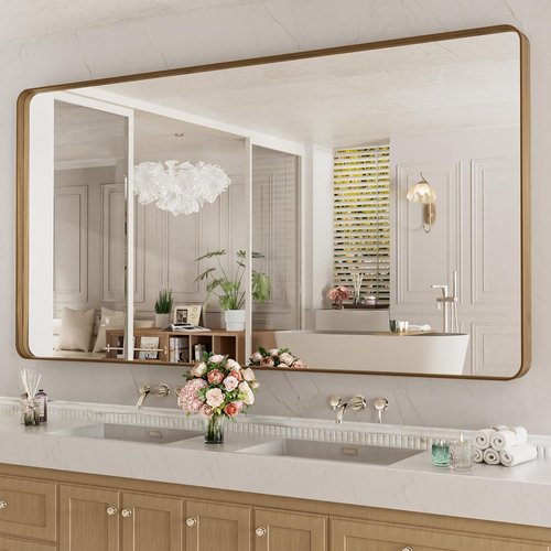 LOAAO Bathroom Mirror - 72x36 Inch Rounded Rectangle with Wood Grain Metal Frame | Anti-Rust, Versatile Hanging Options