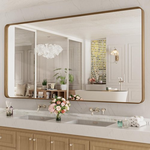 LOAAO 84X32 Inch Bathroom Mirror with Wood Grain Colored Metal Frame, Rounded Rectangle Metal Framed Bathroom Mirror, Anti-Rust, Hangs Horizontally or Vertically, Tempered Glass