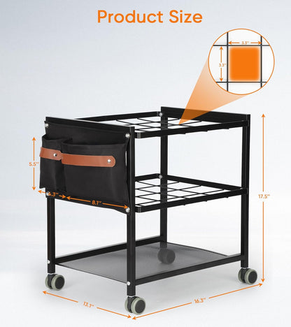 Blueprint Storage Rack Cart - Metal Mobile Holder with 20 Slots & Side Storage Bags | 3.2” x 3.2” Grids