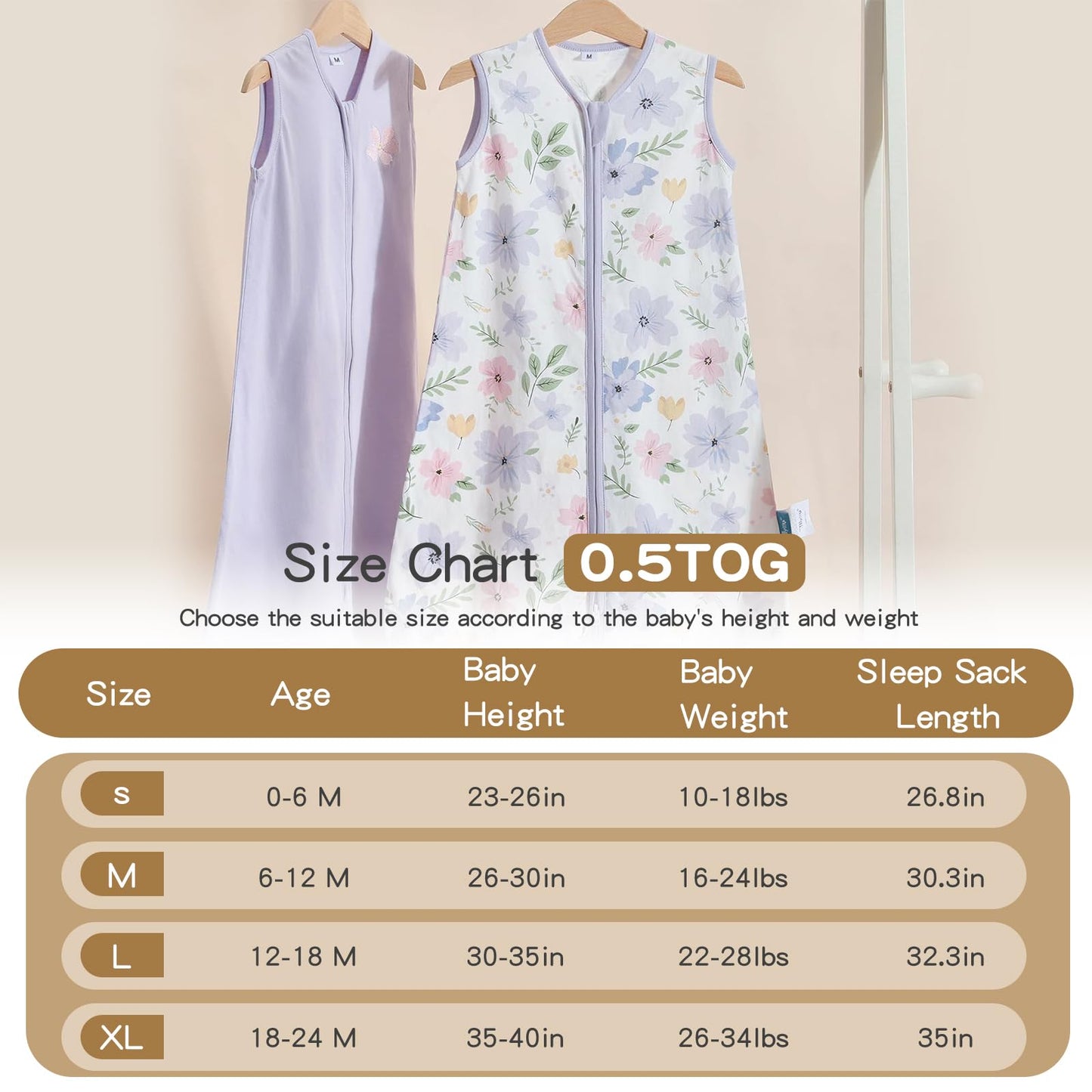 TILLYOU 2 Pack Baby Sleep Sack 6-12 Months 100% Cotton Wearable Blanket 0.5 TOG Sleeveless Summer Sleep Sacks with 2-Way Zipper, Brilliant Little Flowers and Purple