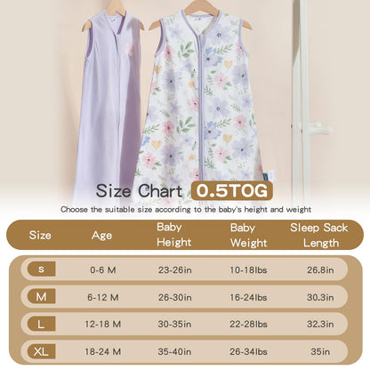TILLYOU 2 Pack Baby Sleep Sack 6-12 Months 100% Cotton Wearable Blanket 0.5 TOG Sleeveless Summer Sleep Sacks with 2-Way Zipper, Brilliant Little Flowers and Purple
