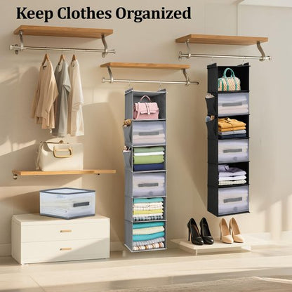 BIEBOS 6-Tier Hanging Closet Organizer with 3 Drawers and Side Pockets – Multi-Functional Storage for Shoes, Belts, Purses, and Clothing
