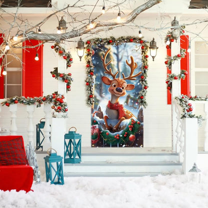 6ft x 3ft Christmas Reindeer Door Cover - Festive Fabric Front Door Decoration