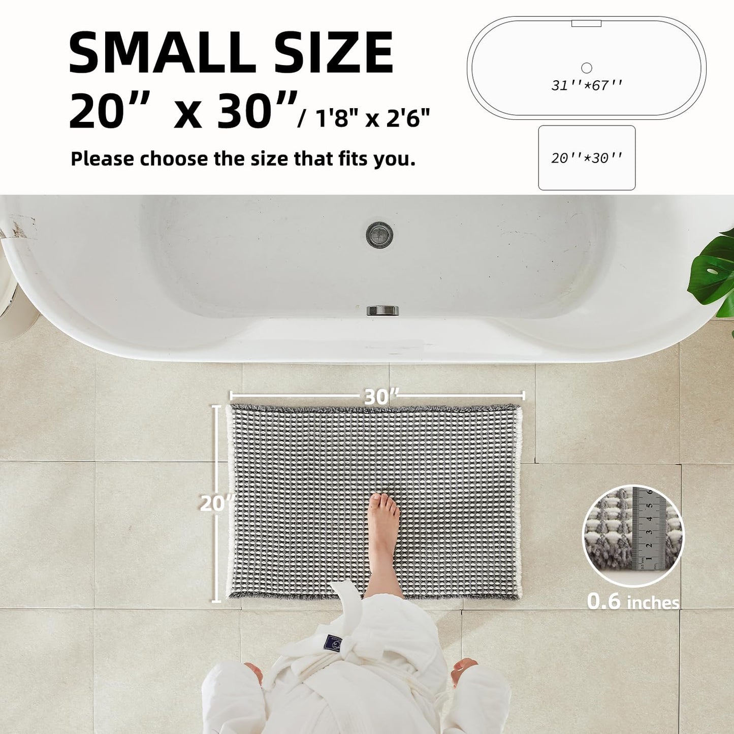 TYUU Waffle Bath Mat, Boho Bathroom Rugs Non Slip Washable Super Absorbent Quick Dry Bath Mat Farmhouse Bathroom Decor, 30"x20" Grey and White