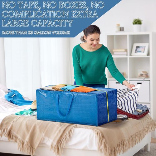 4 Pack Extra Large Moving Bags - Heavy Duty Storage Totes with Backpack Straps & Strong Zippers | Space-Saving Blue